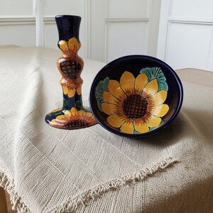 Handmade Talavera Candle Holder and Tripod Bowl, Mexican Sunflower Ceramic Decor